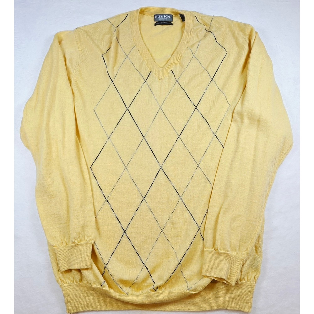 Lyle & Scott Yellow Argyle V-Neck Sweater 100% Merino Wool Mens XXL